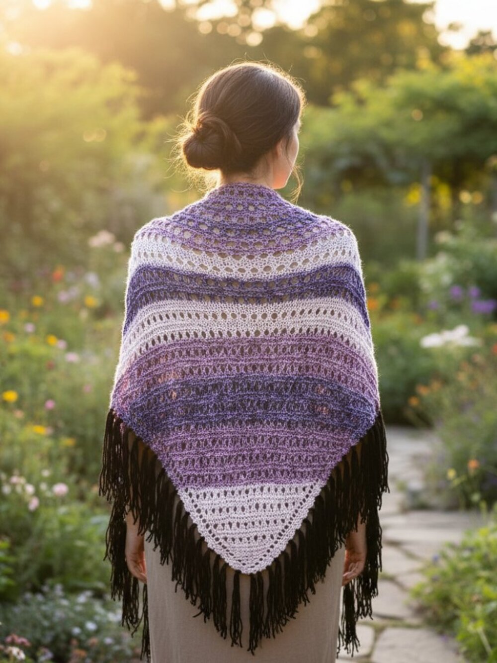NEW Purple Pink Ombre Eyelet Soft Hand Knitted Shawl Wrap Scarf Knit Boho Hippie